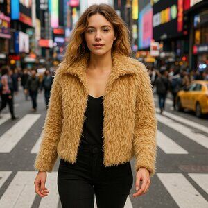 Faux Fur Shaggy Jacket in Tan